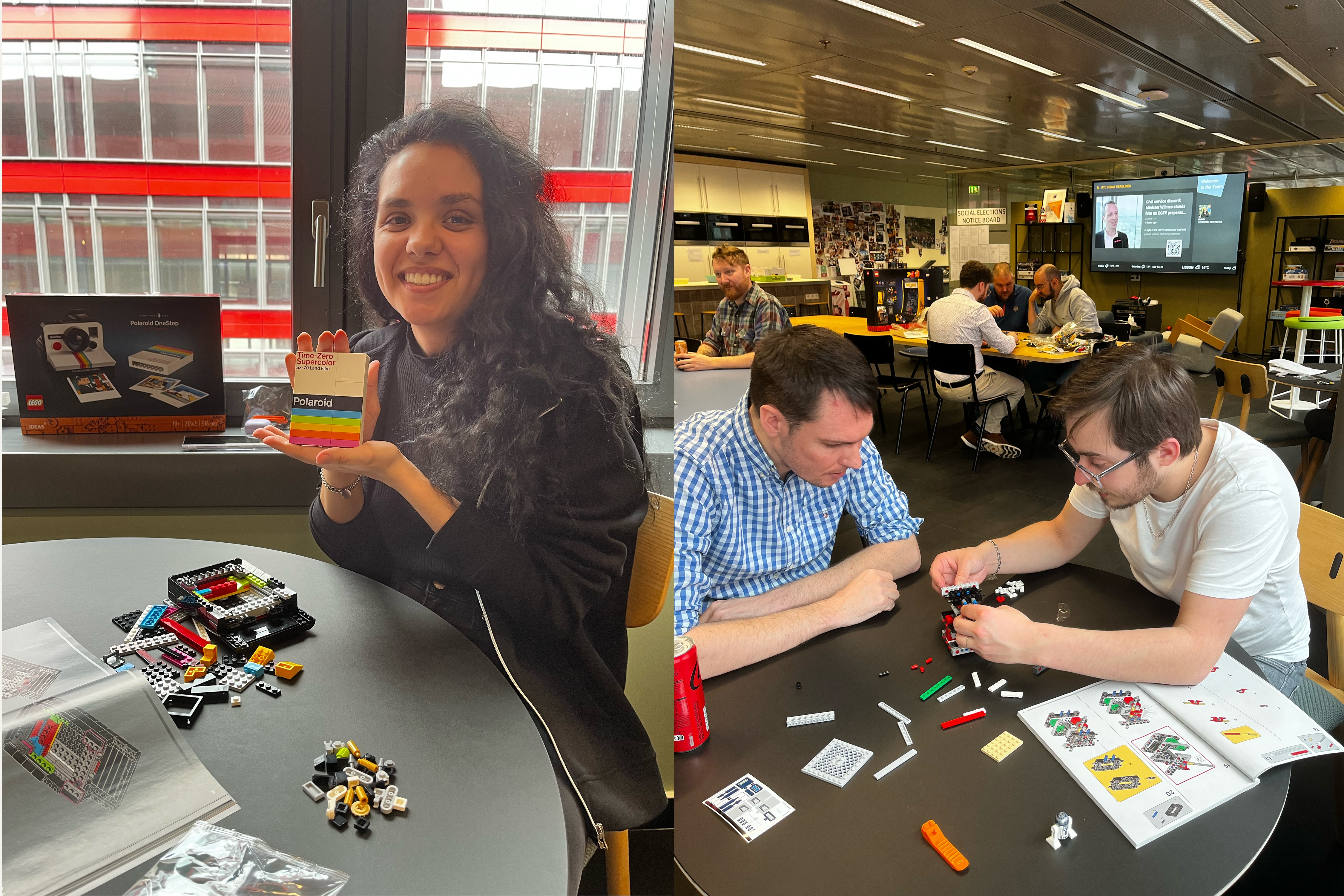 Agile Core Training and office redecoration office with legos. In the background our internal communication display